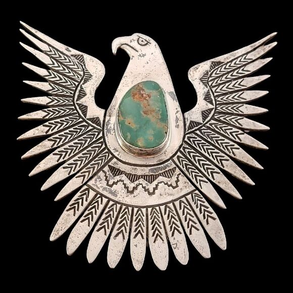 Vintage Navajo Large Eagle Thunderbird Royston Turquoise Bolo Tie - Picture 1 of 11